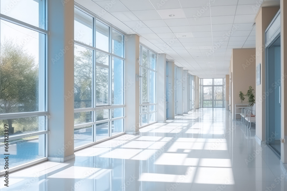 Fototapeta premium Light blurred background. The hall of an office or medical institution with panoramic windows and a perspective