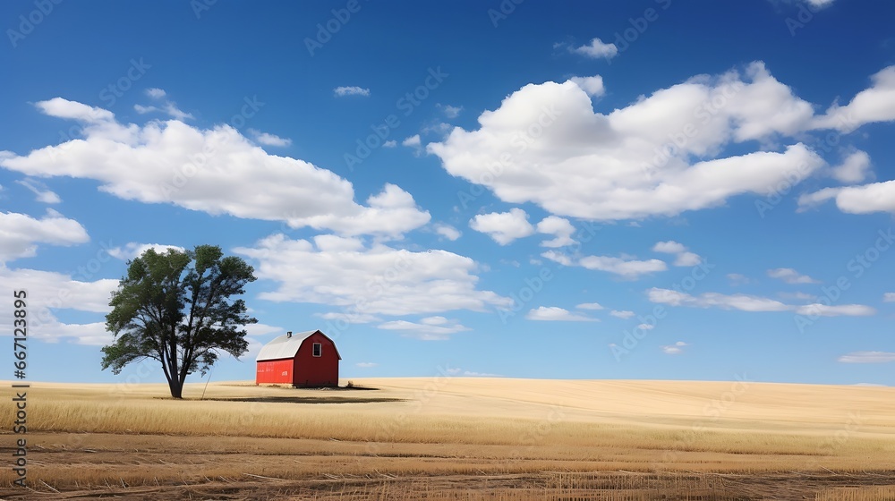 Traditional village house surrounded by green grass and beautiful cloudy blue sky. Village landscape. farm field wheat