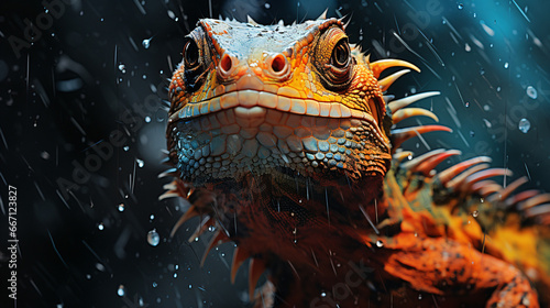 Dragon lizzard iguana smiling in a water or fire splash.