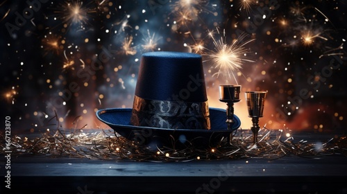 A creative shot of a New Year's hat surrounded by a halo of sparklers and glowing decorations. © Fahad