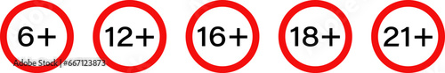 Age restriction signs. Age limit 6+, 12+, 16+, 18+, 21+. Red censorship sign on a transparent background. Vector EPS 10