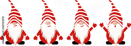 Set of vector Christmas gnomes. Set of gnomes in different poses. Christmas set of gnomes for cards, congratulations, backgrounds. Vector illustration EPS 10