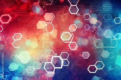 Background with hexagons representing healthcare technology, innovation, medicine, health, science, and research. Generative AI