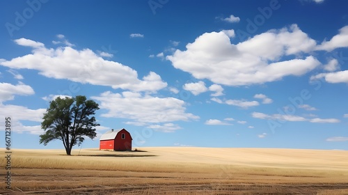 Traditional village house surrounded by green grass and beautiful cloudy blue sky. Village landscape. farm field wheat