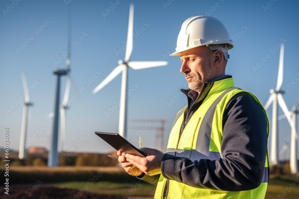 male power engineer stands at a wind power plant with beautiful natural scenery and rows of wind turbines behind him. He uses the computer's artificial intelligence technology to inspect and maintain male power engineer stands at a wind power plant with beautiful natural scenery and rows of wind turbines behind him. He uses the computer's artificial intelligence technology to inspect and maintain