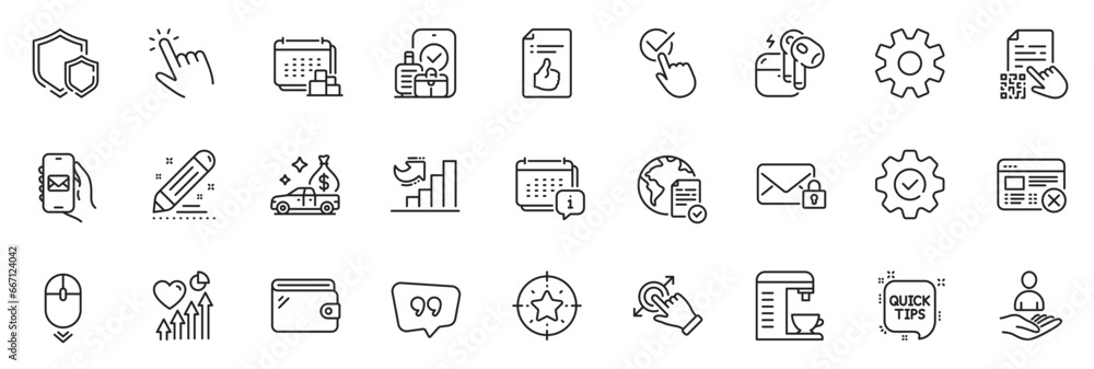 Icons pack as Checkbox, Coffee machine and Quick tips line icons for app include Secure mail, Execute, Brand contract outline thin icon web set. Cursor, Approved document. Vector Icons pack as Checkbox, Coffee machine and Quick tips line icons for app include Secure mail, Execute, Brand contract outline thin icon web set. Cursor, Approved document. Vector