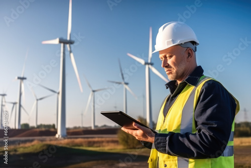 male power engineer stands at a wind power plant with beautiful natural scenery and rows of wind turbines behind him. He uses the computer's artificial intelligence technology to inspect and maintain 
