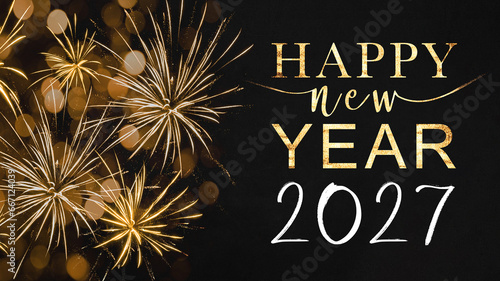 HAPPY NEW YEAR 2027 - Festive silvester New Year's Eve Sylvester Party concept background greeting card with text - Golden yellow fireworks in the dark black night