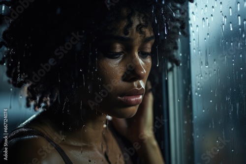 A sad African american woman looking through a rainy glass window.  photo