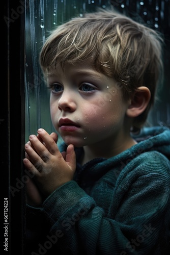 Closeup portrait of a sad melancholic boy child looking out of a rainy glass window. Blond hair. Blue jacket sweater hoodie. 5 finger. 