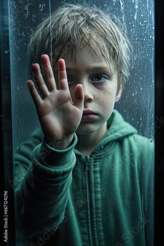 closeup of a sad blond boy with his hand on a glass Windows. looking out of the window. raining weather. rain drops. glass transparency. five fingered hand.