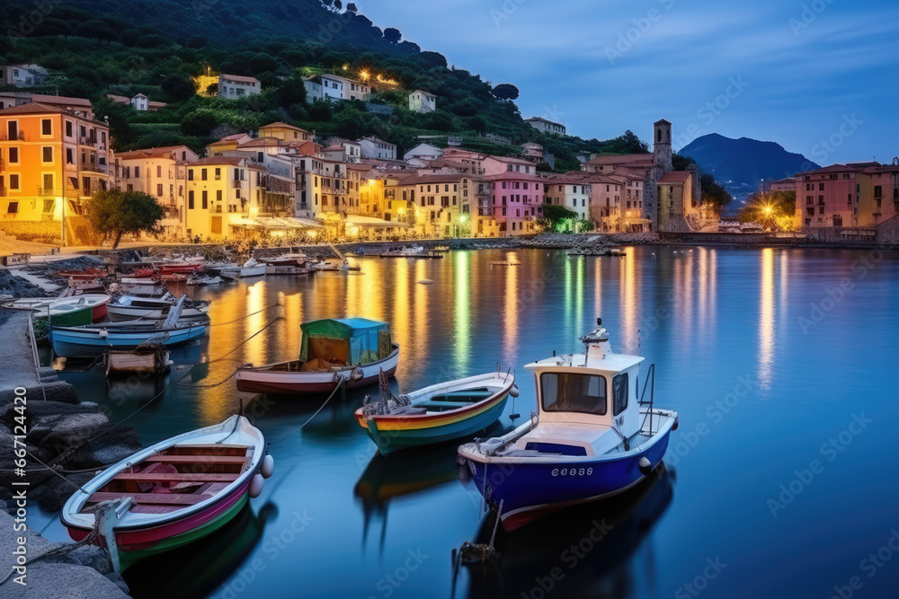 Mystic landscape of the harbor with colorful houses and the boats in Porto Venero, Italy, Liguria in the evening in the light of lanterns