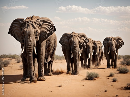 A caravan of elephants in the desert