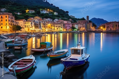 Mystic landscape of the harbor with colorful houses and the boats in Porto Venero  Italy  Liguria in the evening in the light of lanterns