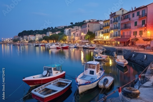 Mystic landscape of the harbor with colorful houses and the boats in Porto Venero, Italy, Liguria in the evening in the light of lanterns © Straxer