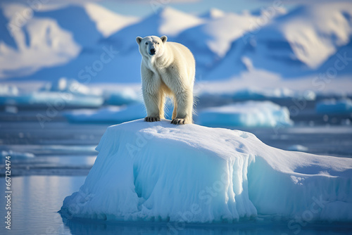 Norway, Svalbard, Spitsbergen Island, Polar Bear standing on top of melting glacial iceberg