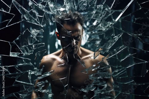 Tough man in front of shattering glass shards. Muscular. Shirtless male. Recovery and Healing. Shattered Emotions. Shattered, Emotions, Sadness, Grief, Heartbreak, Despair, Brokenness, Fragility