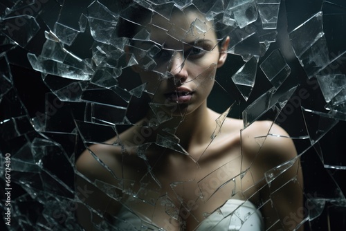 pretty. Dark background. sad woman looking through a broken shattered glass. depression, grief, abuse, heartache, brokenhearted, inner healing.