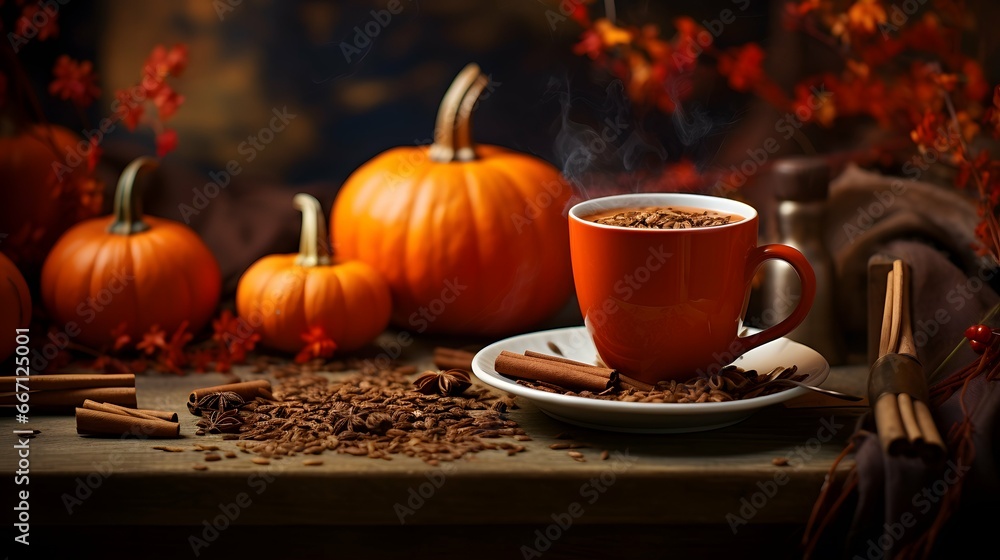 Pumpkin spice cup of tea stock photo, cozy teatime autumn drink