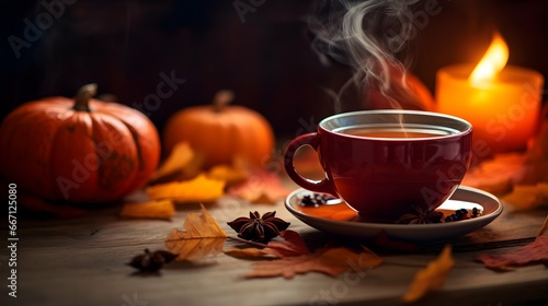 Pumpkin spice cup of tea stock photo, cozy teatime autumn drink