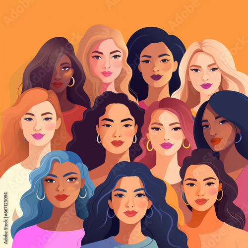 Women's Day banner. A group of beautiful women with different beauty Vector illustration