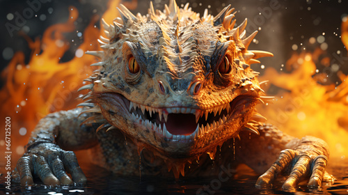 Dragon lizzard iguana smiling in a water or fire splash.