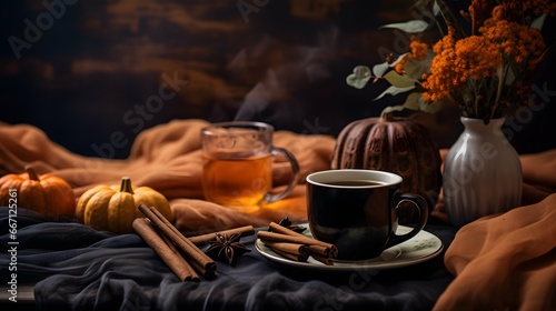 Pumpkin spice cup of tea stock photo, cozy teatime autumn drink