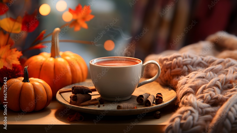 Pumpkin spice cup of tea stock photo, cozy teatime autumn drink Pumpkin spice cup of tea stock photo, cozy teatime autumn drink