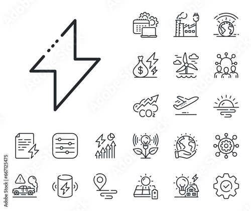 Thunderbolt sign. Energy, Co2 exhaust and solar panel outline icons. Energy line icon. Electric power symbol. Energy line sign. Eco electric or wind power icon. Green planet. Vector