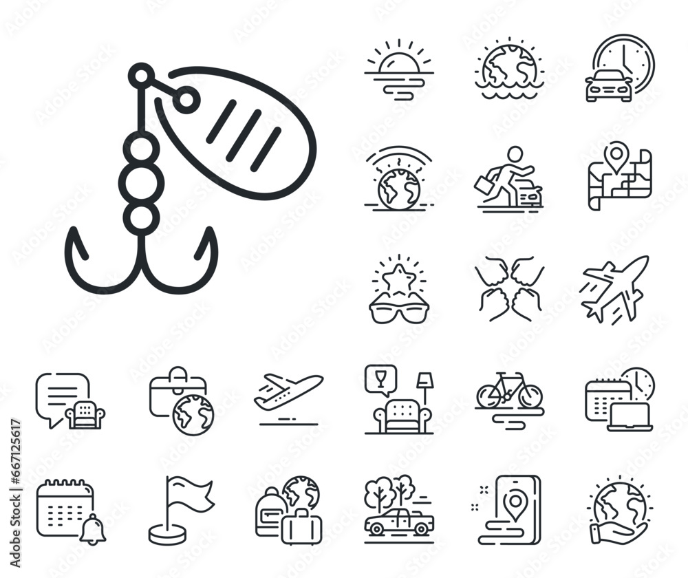 Spinning bait sign. Plane jet, travel map and baggage claim outline icons. Fishing lure line icon. Catching fish symbol. Fishing lure line sign. Car rental, taxi transport icon. Place location. Vector