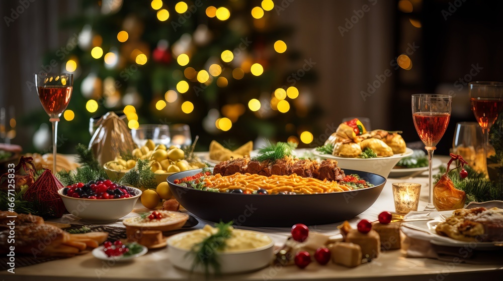 delicious Christmas feast table with festive decor and sparkling Christmas tree in background