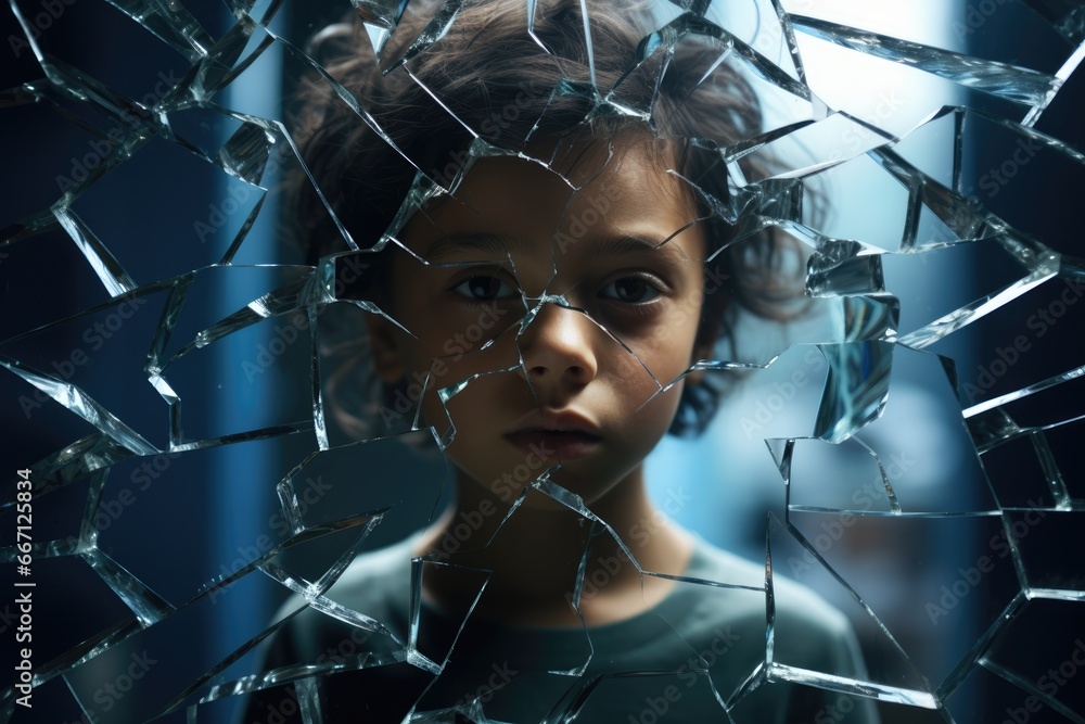 sad young boy with curly black hair looking through the shattered glass. Farewell to Innocence: The Weight of a Child's Goodbye. bully, child abuse, racism.  - obrazy, fototapety, plakaty 