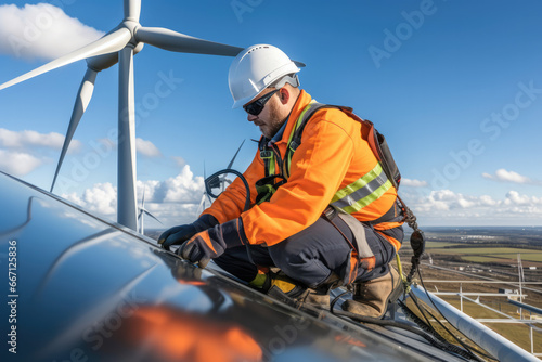 a worker in the maintenance of wind turbines in the mountains