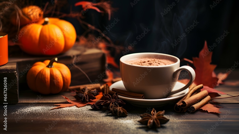 Pumpkin spice cup of tea stock photo, cozy teatime autumn drink Pumpkin spice cup of tea stock photo, cozy teatime autumn drink