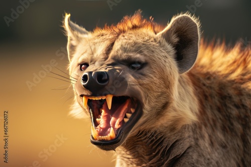  a close up of a hyena with its mouth open. generative ai