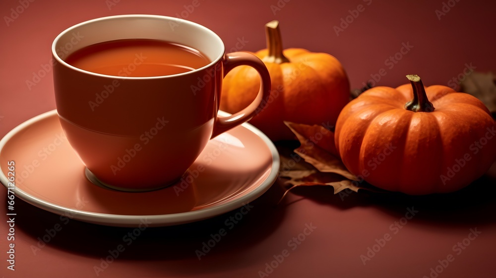Pumpkin spice cup of tea stock photo, cozy teatime autumn drink Pumpkin spice cup of tea stock photo, cozy teatime autumn drink
