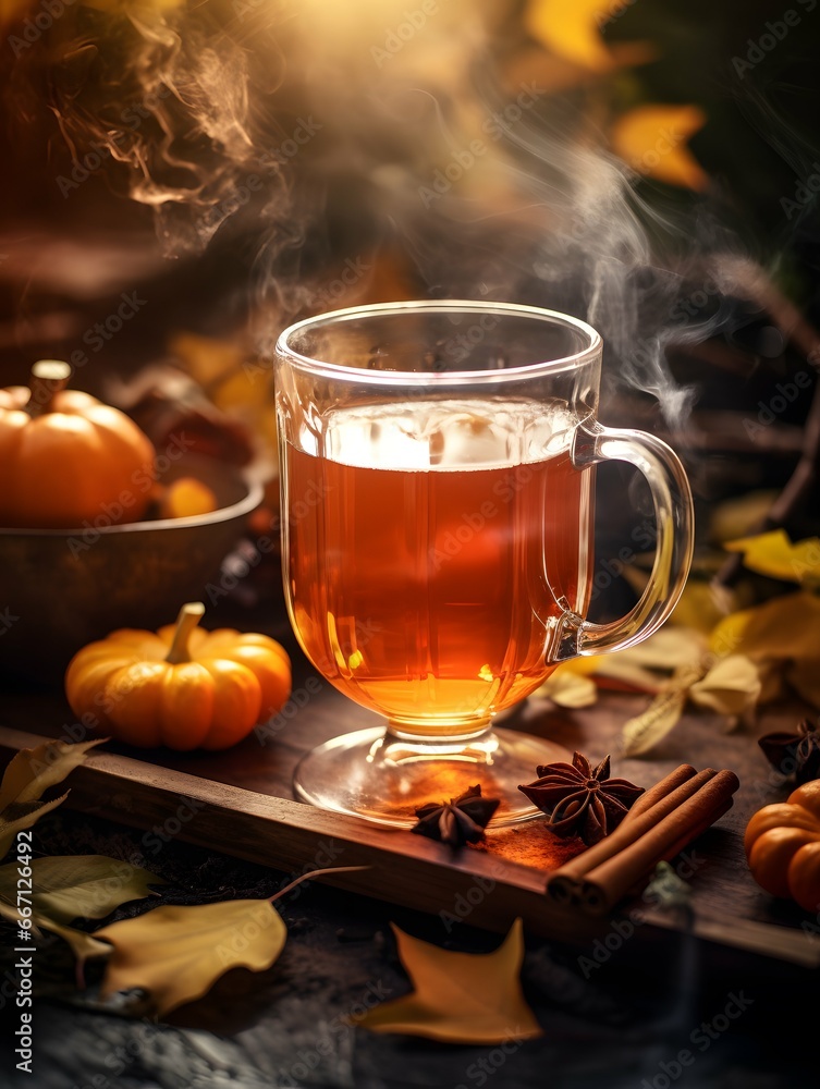 Pumpkin spice cup of tea stock photo, cozy teatime autumn drink Pumpkin spice cup of tea stock photo, cozy teatime autumn drink
