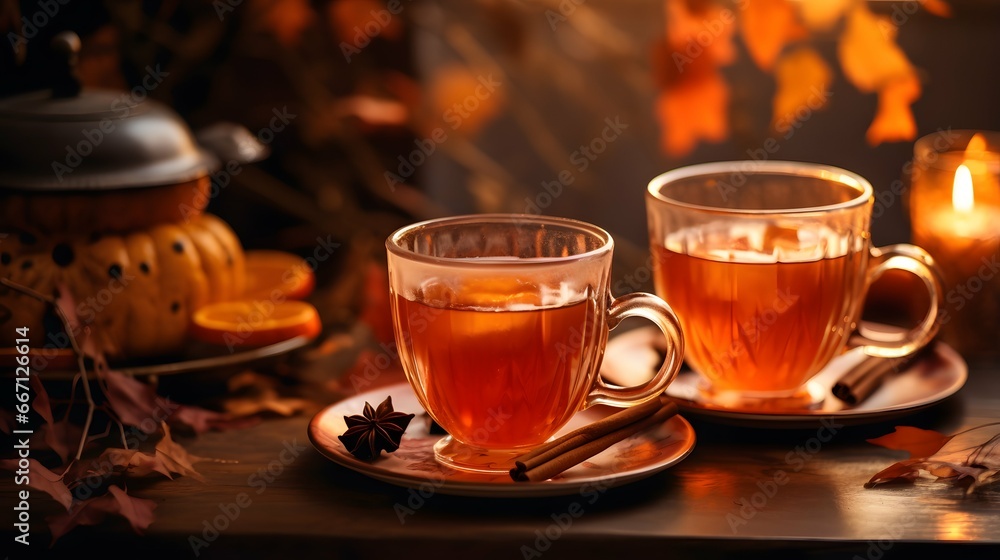 Pumpkin spice cup of tea stock photo, cozy teatime autumn drink Pumpkin spice cup of tea stock photo, cozy teatime autumn drink