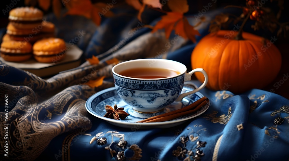 Fototapeta premium Pumpkin spice cup of tea stock photo, cozy teatime autumn drink
