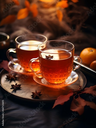 Pumpkin spice cup of tea stock photo, cozy teatime autumn drink