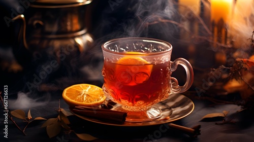 Pumpkin spice cup of tea stock photo  cozy teatime autumn drink