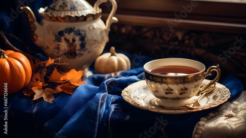 Pumpkin spice cup of tea stock photo, cozy teatime autumn drink