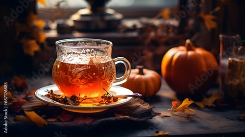 Pumpkin spice cup of tea stock photo, cozy teatime autumn drink