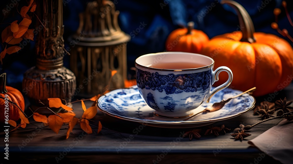 Pumpkin spice cup of tea stock photo, cozy teatime autumn drink Pumpkin spice cup of tea stock photo, cozy teatime autumn drink