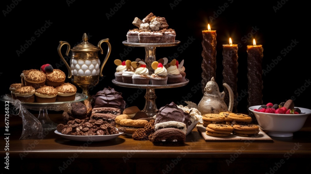 A festive dessert buffet with cupcakes, cookies, and a chocolate fountain.
