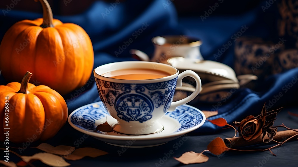 Pumpkin spice cup of tea stock photo, cozy teatime autumn drink Pumpkin spice cup of tea stock photo, cozy teatime autumn drink