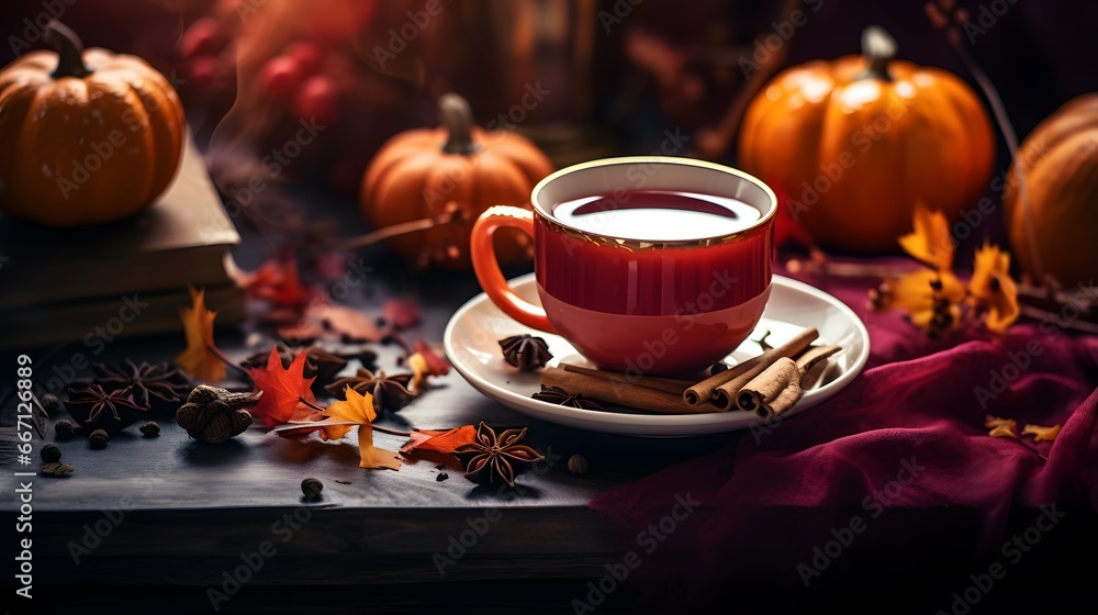 Pumpkin spice cup of tea stock photo, cozy teatime autumn drink Pumpkin spice cup of tea stock photo, cozy teatime autumn drink