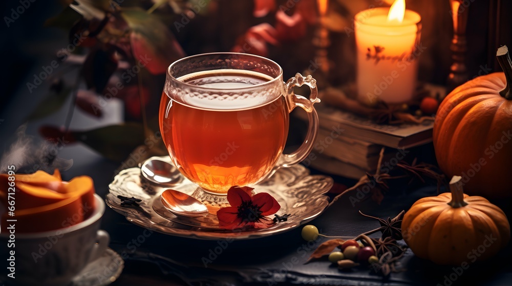 Pumpkin spice cup of tea stock photo, cozy teatime autumn drink Pumpkin spice cup of tea stock photo, cozy teatime autumn drink