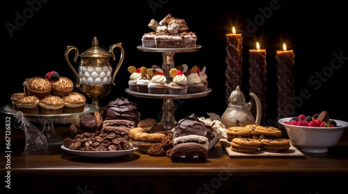 A festive dessert buffet with cupcakes, cookies, and a chocolate fountain.