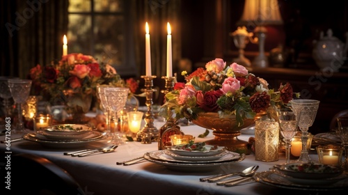 A festive dining table adorned with candles, silverware, and exquisite centerpieces, waiting for the New Year's feast.